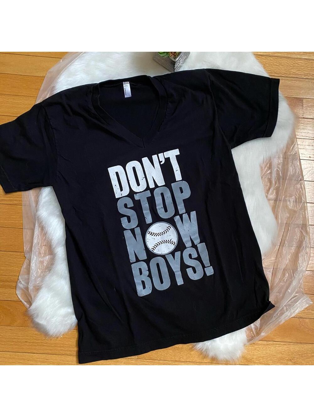 Black V-Neck T-Shirt with 'Don't Stop Now, Medium
